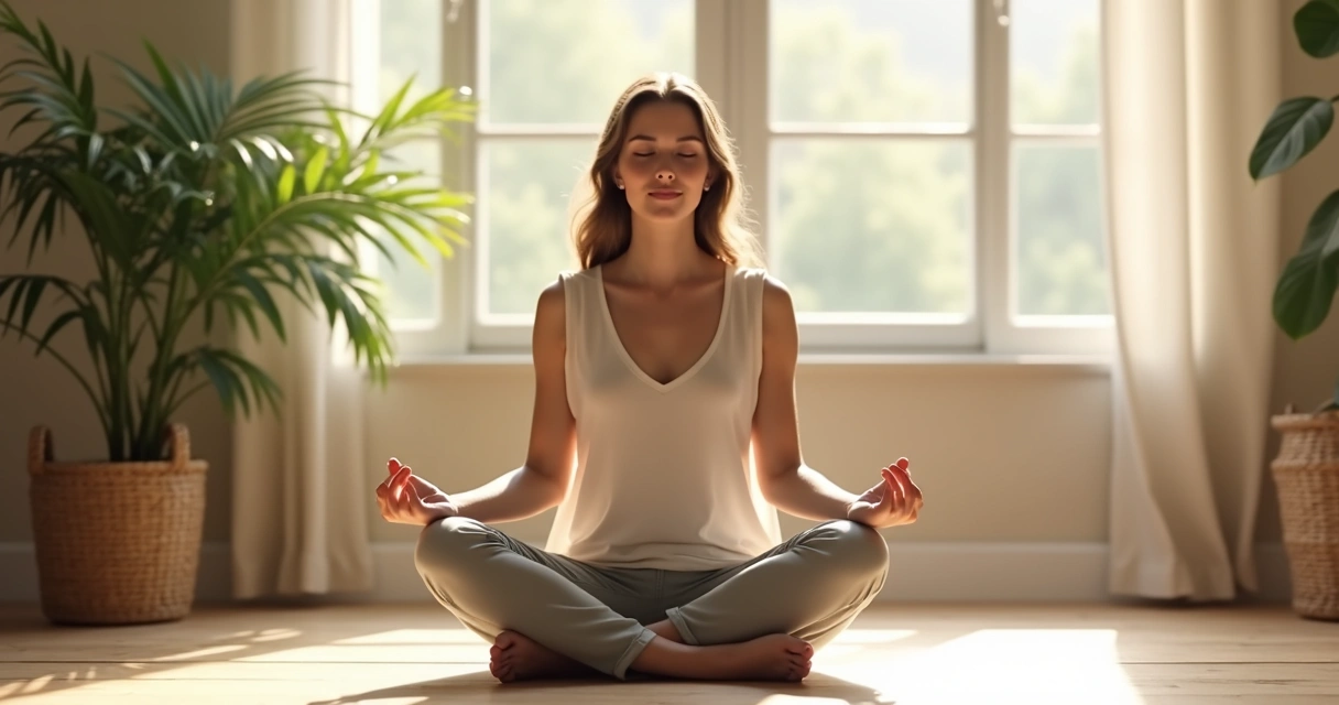 Mulher sentada meditando diante de janela ensolarada 