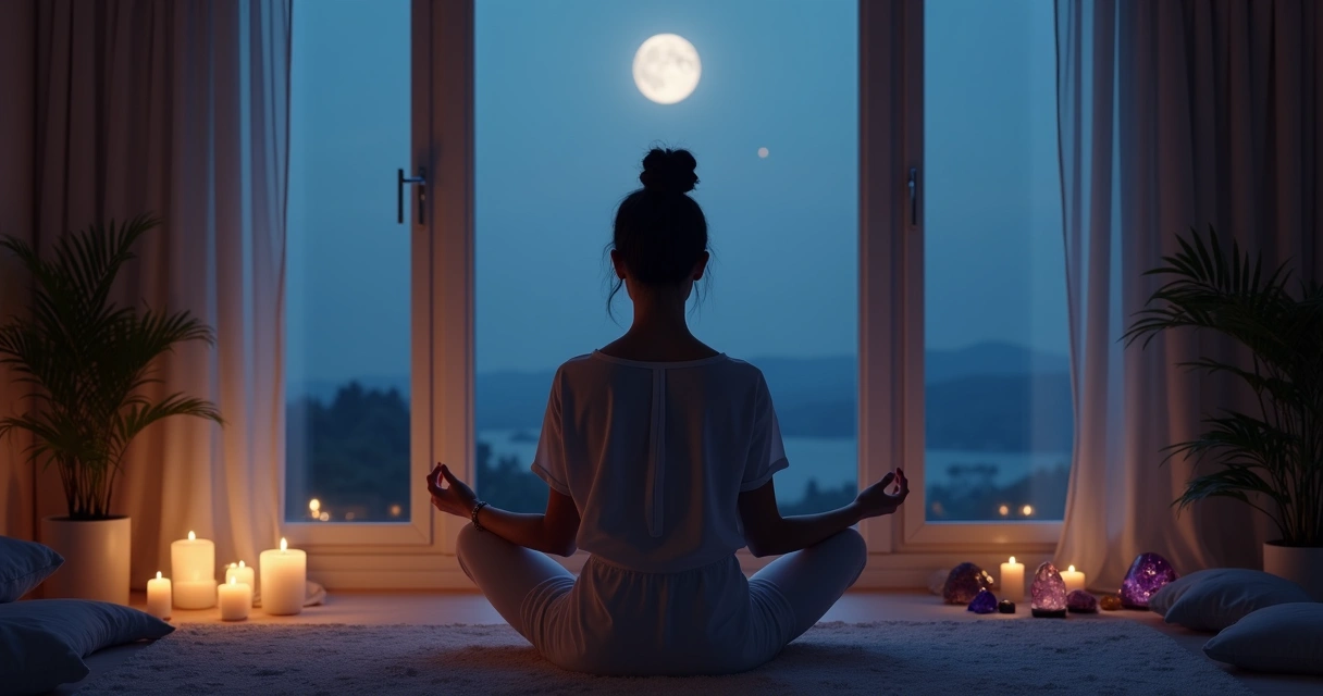Mulher sentada meditando próxima à janela com lua ao fundo 