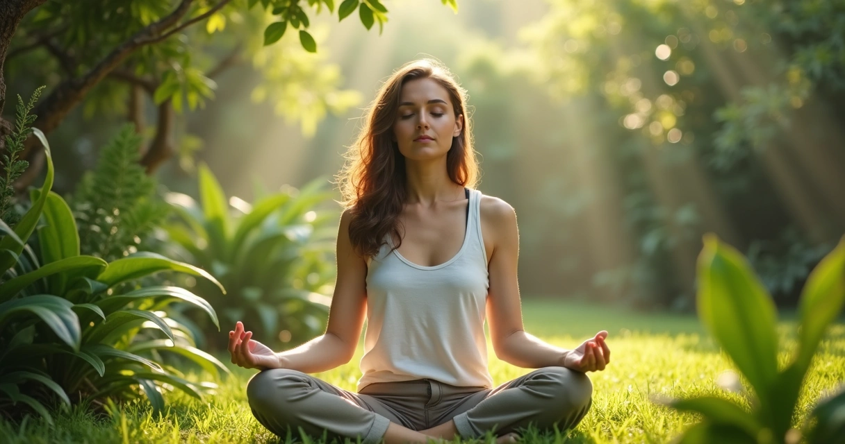 Mulher sentada ao ar livre em posição de meditação, cercada por plantas e luz suave. 