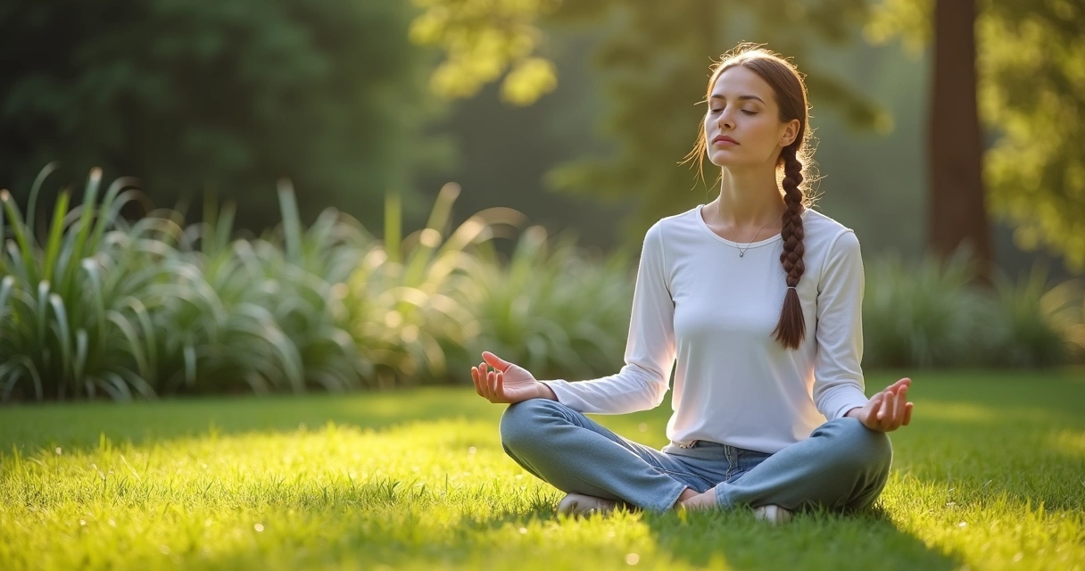Mulher sentada com pernas cruzadas meditando em um jardim