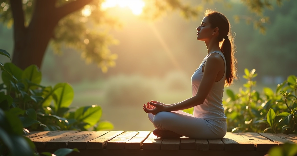 Mulher sentada meditando em um jardim tranquilo com plantas verdes e luz suave do amanhecer 
