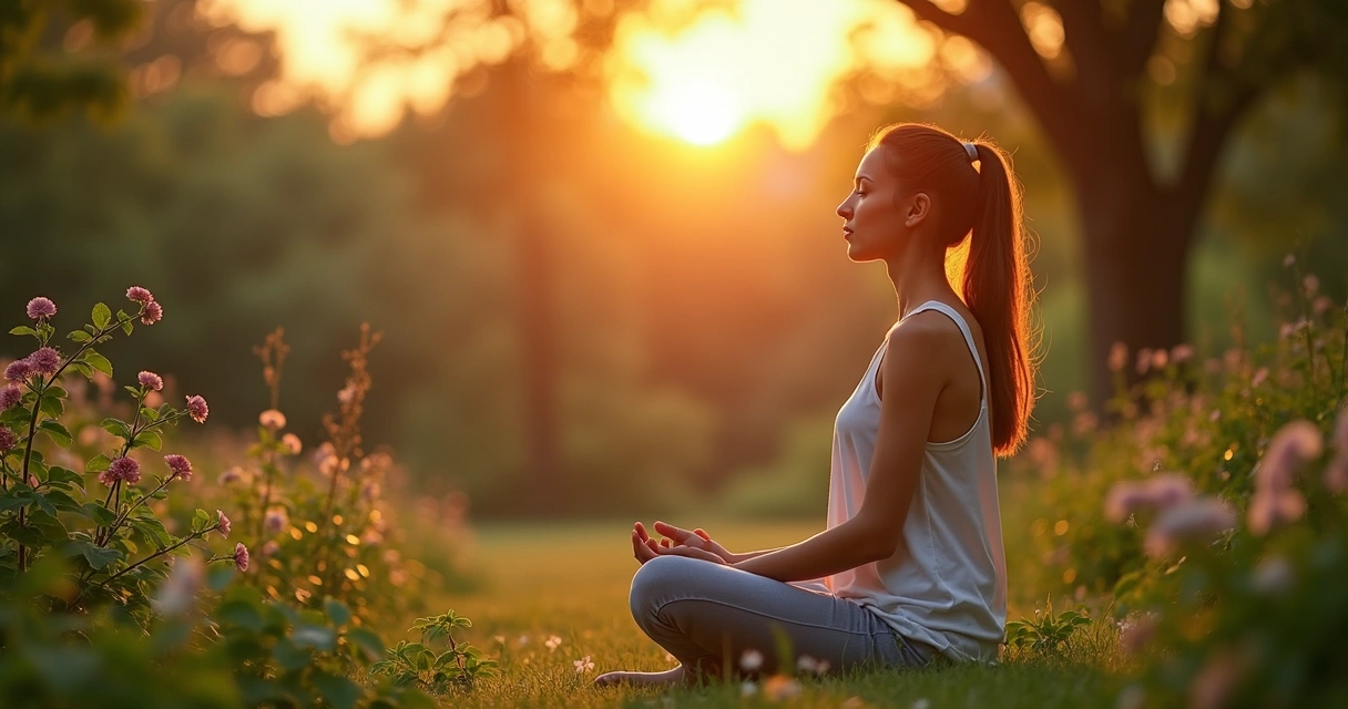 Mulher meditando sentada ao ar livre em um jardim tranquilo, rodeada por plantas verdes e luz suave do entardecer 