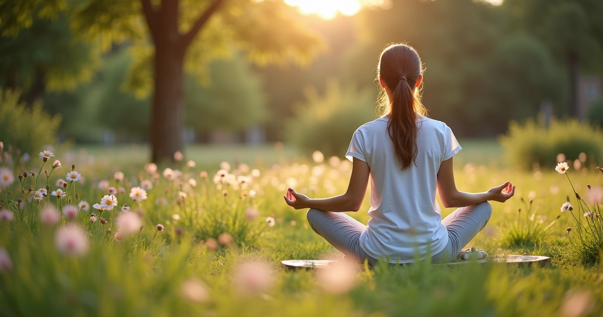 Mulher meditando sozinha em um jardim tranquilo 
