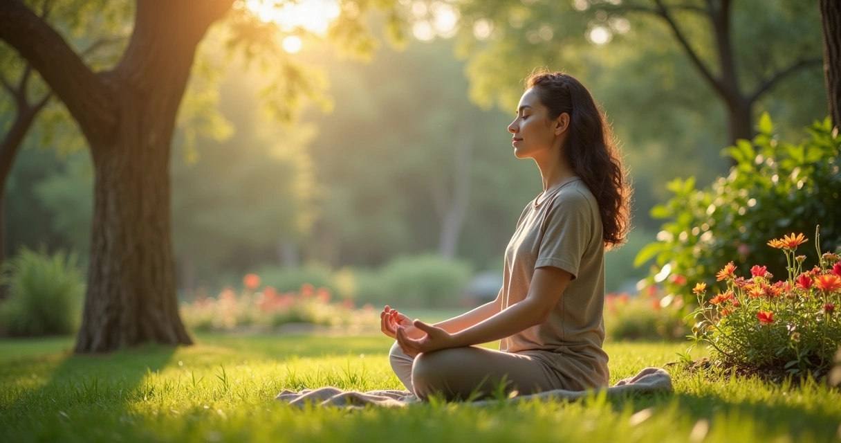 Mulher sentada em posição de meditação em jardim tranquilo 