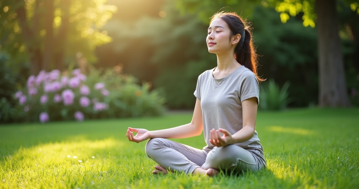 Mulher sentada em posição de meditação em um jardim tranquilo 