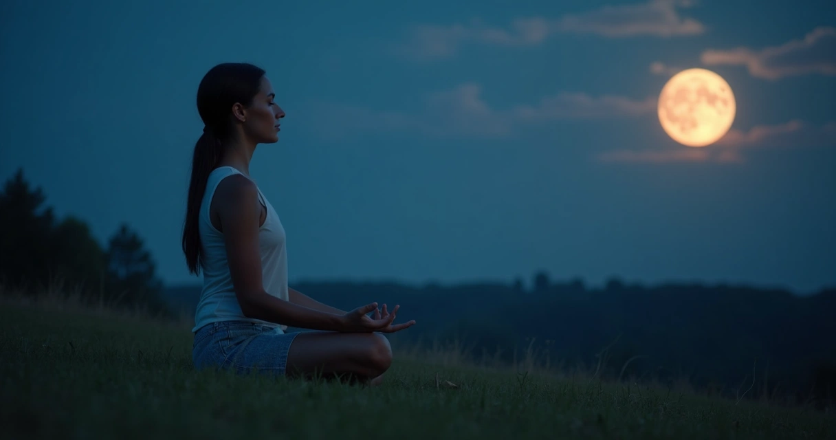Mulher meditando ao ar livre sob a lua cheia 
