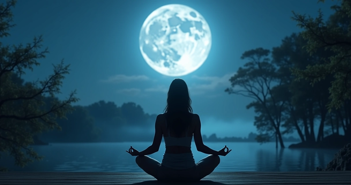 Mulher praticando meditação sob a luz da lua cheia 