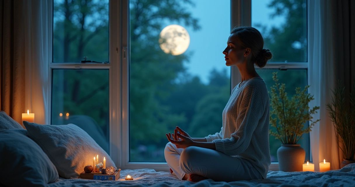 Mulher sentada meditando sob a luz da lua cheia 