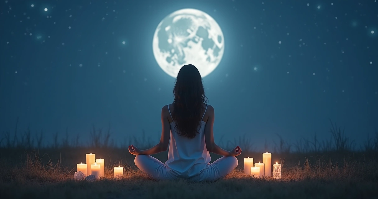 Mulher meditando à noite na presença da lua cheia. 
