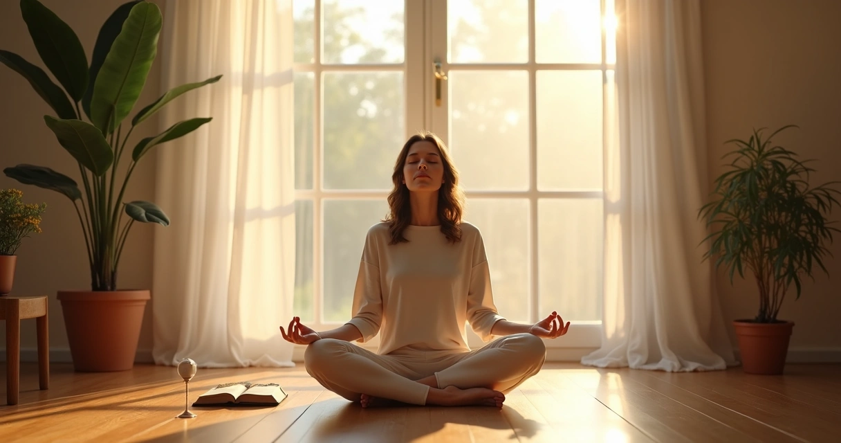Mulher sentada meditando em ambiente iluminado pela luz natural da manhã 