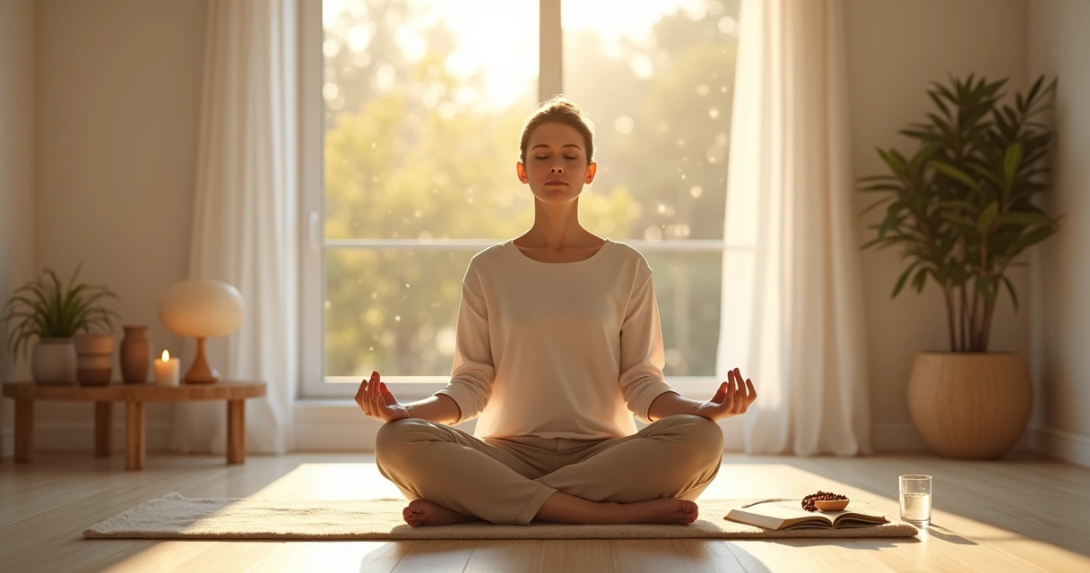Pessoa meditando em posição de lótus em sala iluminada ao nascer do sol 