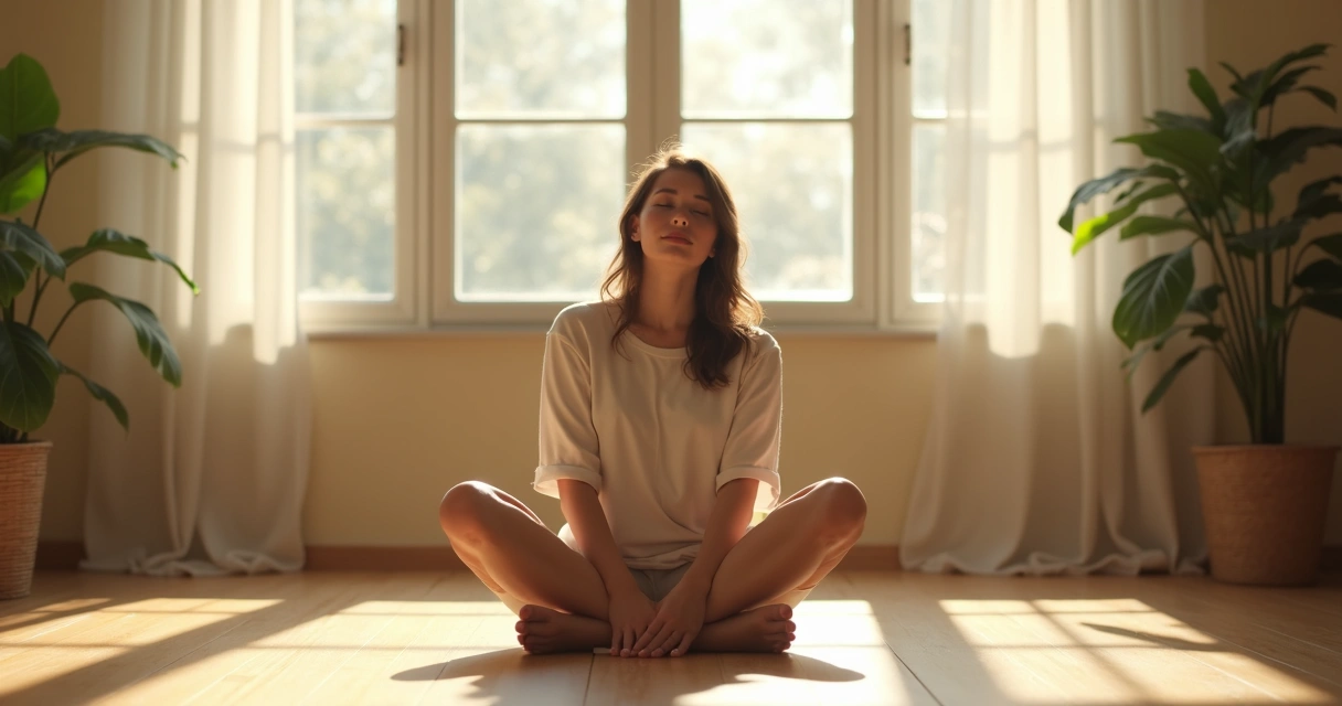 Mulher sentada meditando em um ambiente iluminado pelo sol 