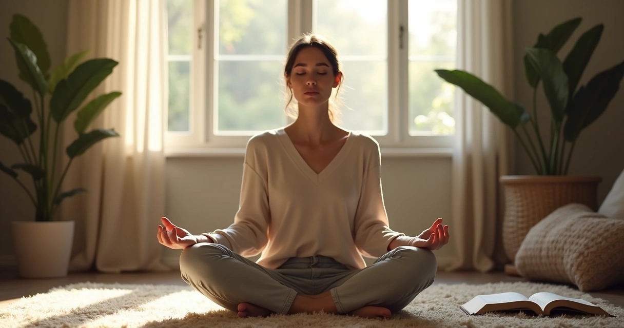 Mulher sentada meditando em sala iluminada