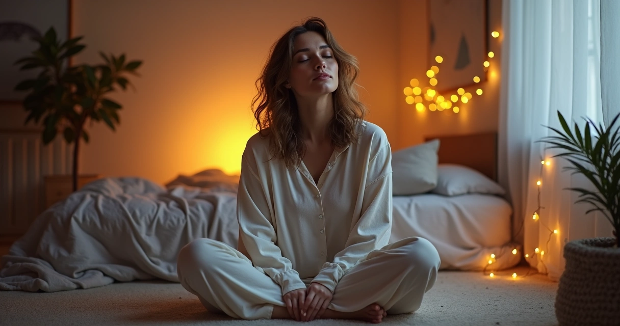 Mulher sentada meditando no chão com luzes suaves e ambiente relaxante 