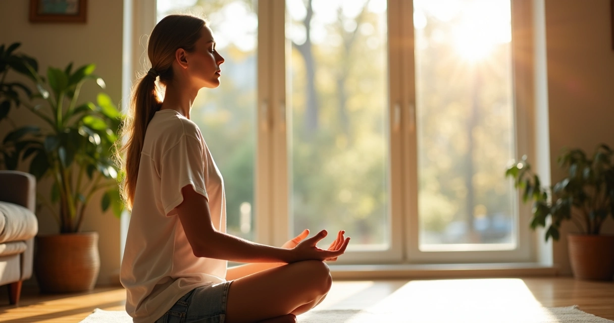 Mulher sentada meditando pela manhã
