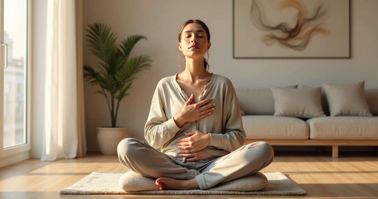 Mulher sentada em silêncio percebendo sensações do corpo em ambiente sereno 