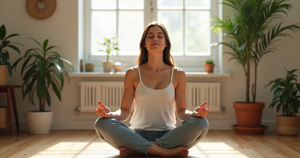 Mulher sentada de olhos fechados praticando respiração profunda 