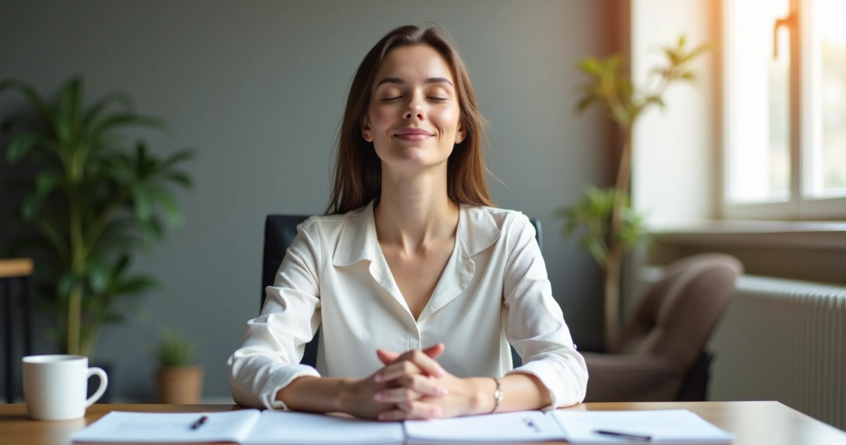 Mulher sentada meditando em frente a uma mesa de trabalho