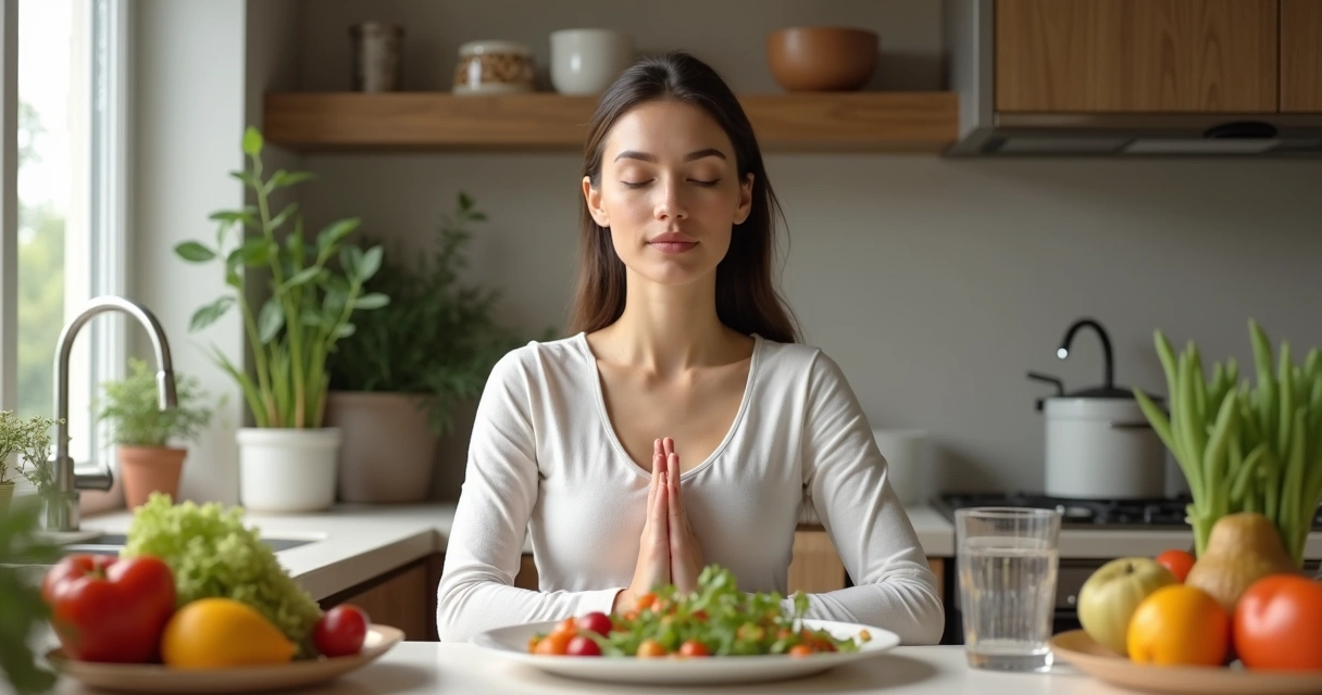 Mulher meditando na cozinha antes da refeição