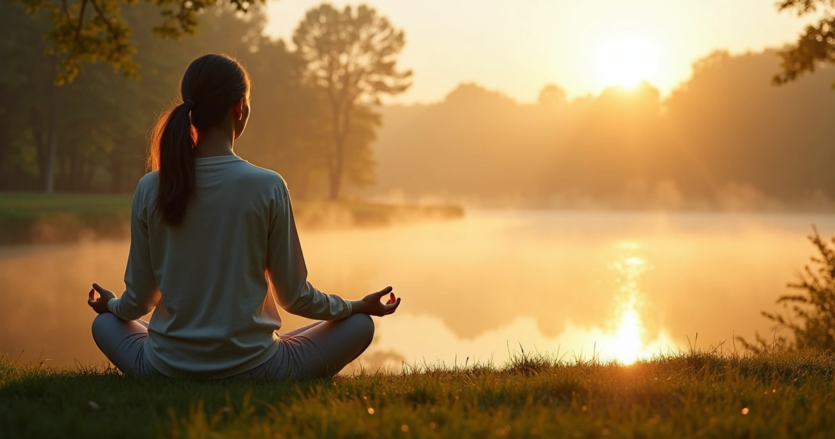 Mulher sentada meditando em silêncio em meio à natureza 