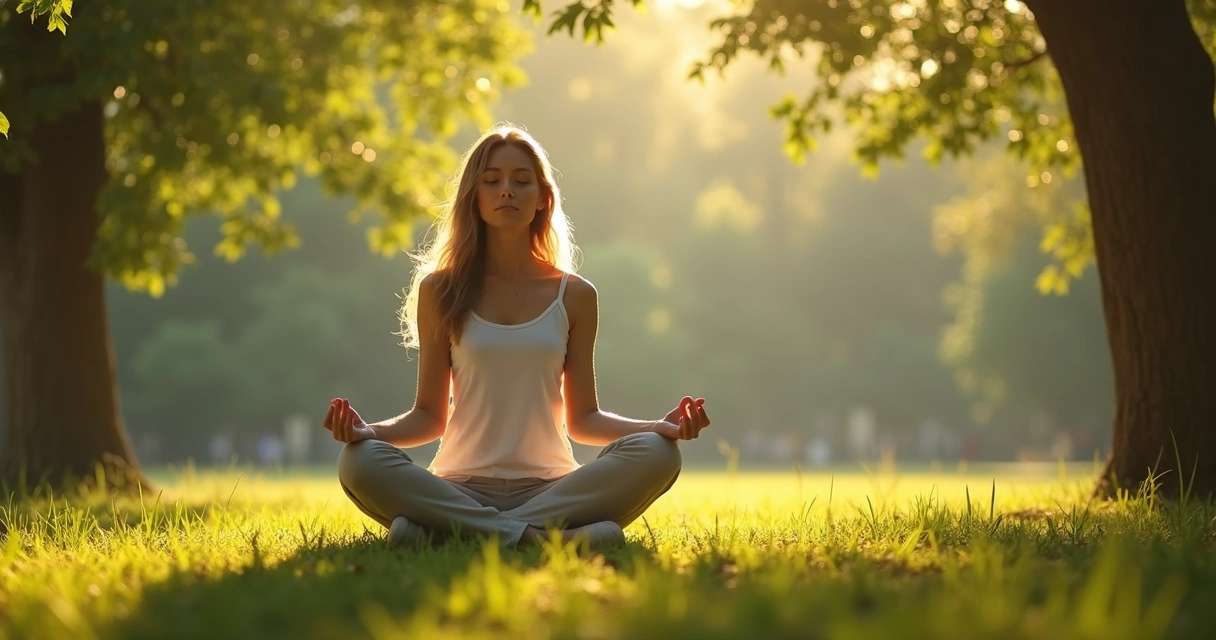 Mulher sentada meditando ao ar livre rodeada por árvores