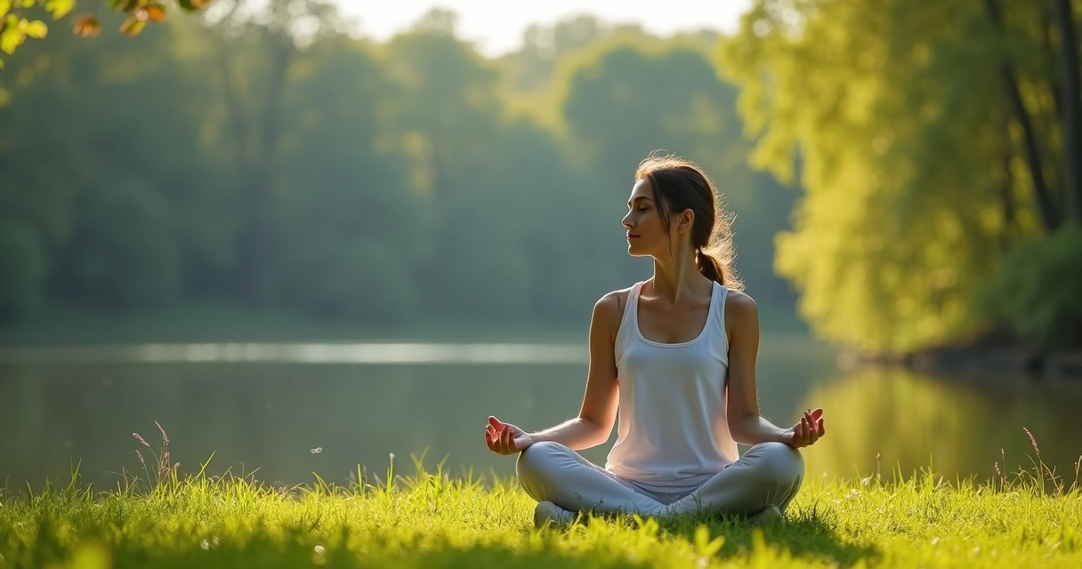 Mulher sentada em posição de meditação em meio à natureza, olhos fechados, expressão tranquila, ao nascer do sol 