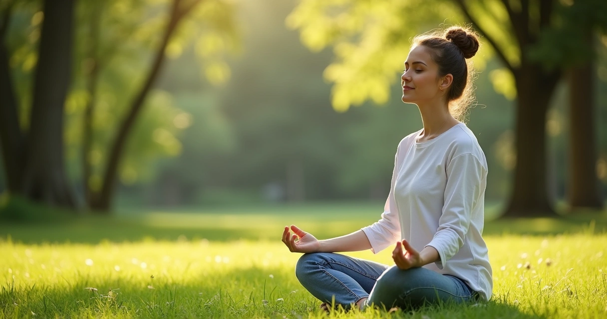 Mulher em pose de meditação ao ar livre, sentada na grama.