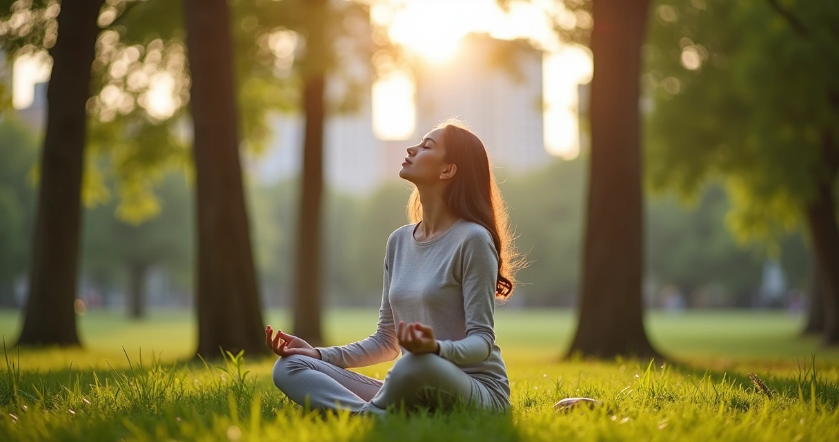 Mulher sentada meditando em parque com árvores ao fundo