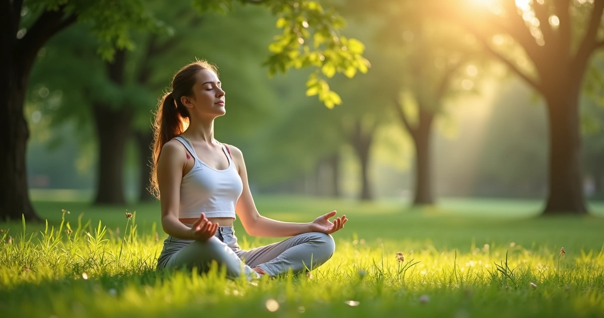 Mulher meditando sentada em meio à natureza 