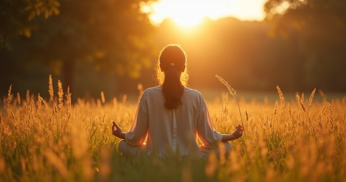 Mulher sentada em posição de meditação ao ar livre, cercada por natureza 