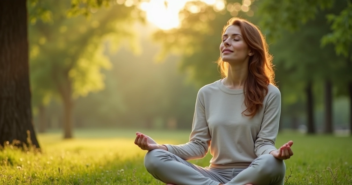 Mulher sentada em posição de meditação em um ambiente natural