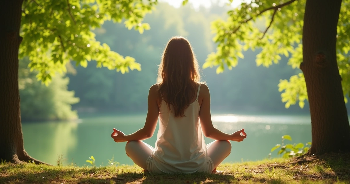 Mulher sentada em posição de meditação em um cenário natural tranquilo com árvores e lago ao fundo 