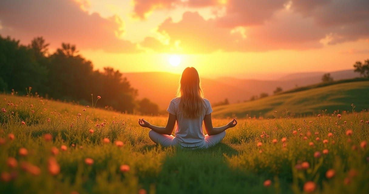 Mulher meditando em um campo verde, cercada por flores e luz suave do pôr-do-sol.
