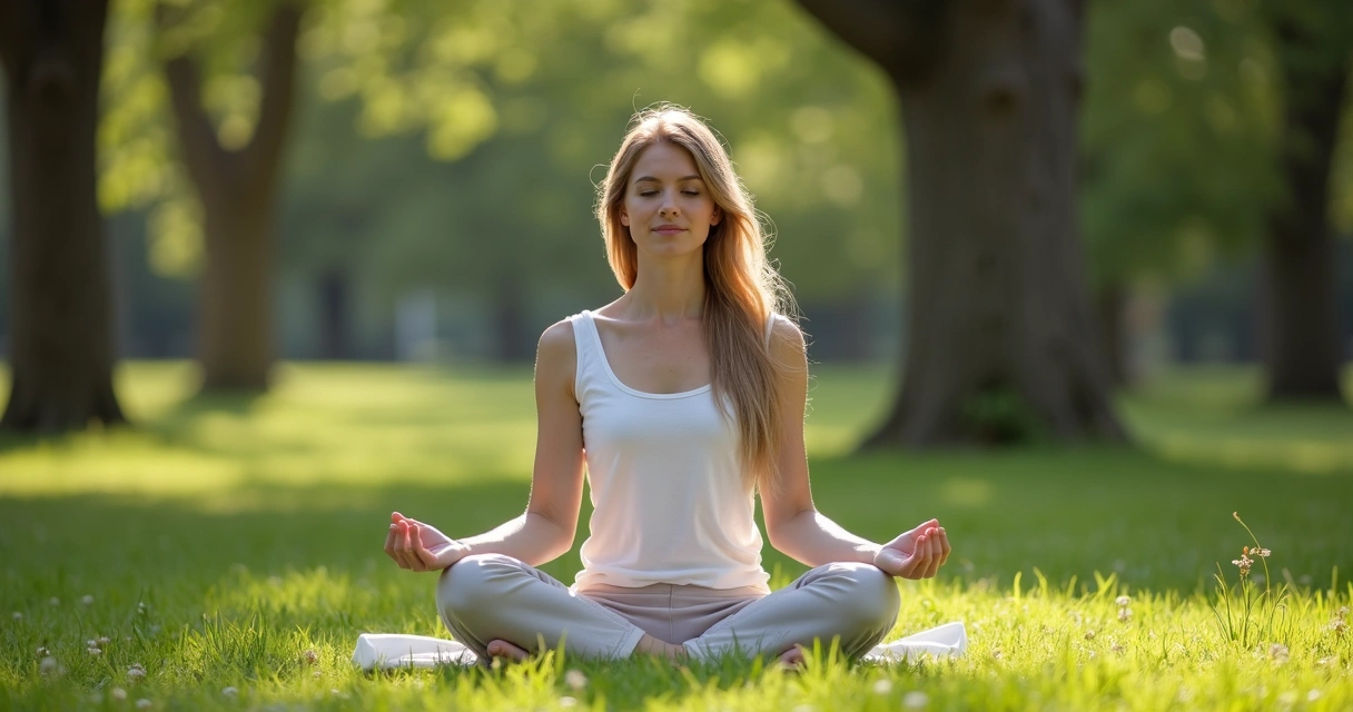 Mulher meditando ao ar livre, sentada na grama em ambiente natural e tranquilo