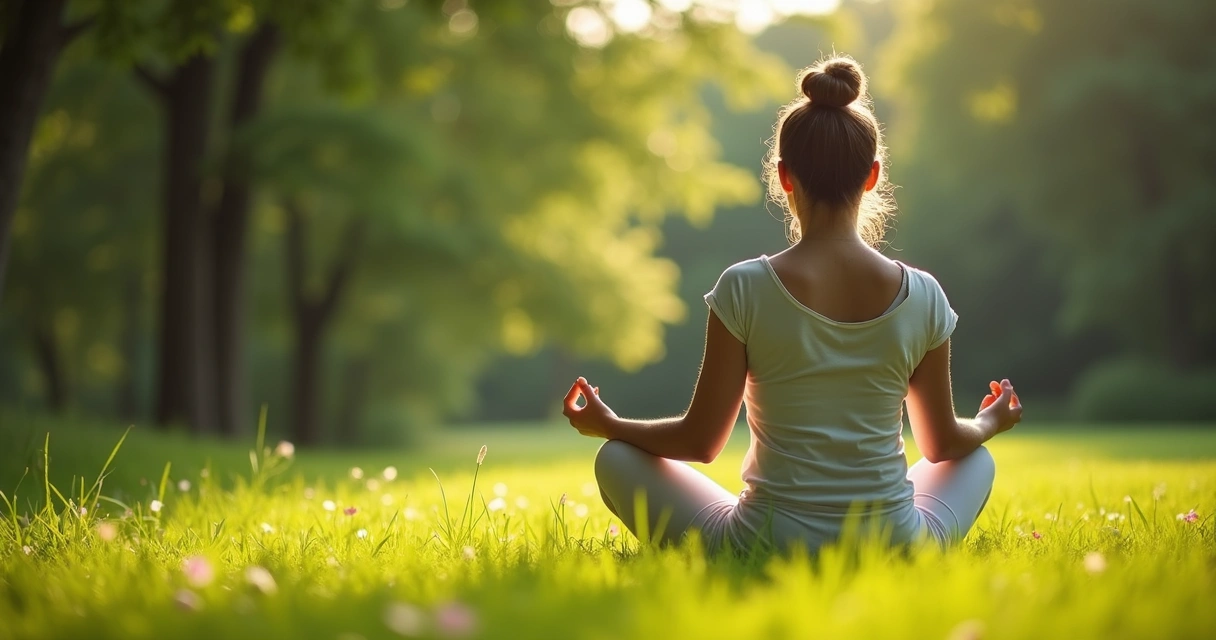 Mulher sentada em posição de meditação em meio à natureza, com ambiente calmo