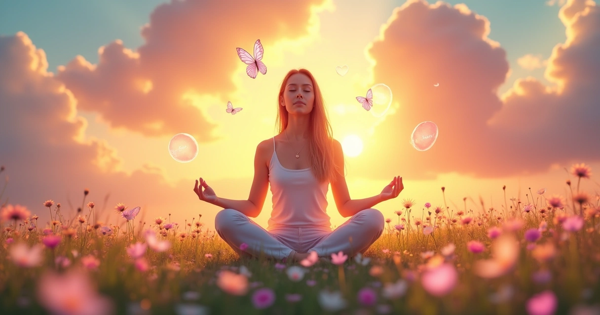 Mulher meditando em um campo de flores com luz suave ao redor, representando paz e amor verdadeiro.