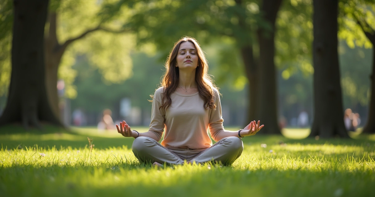 Mulher sentada no parque meditando naturalmente 