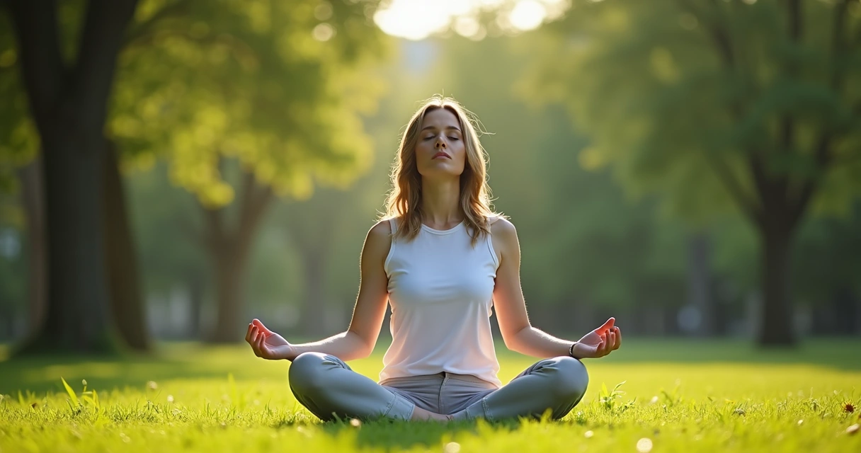 Mulher sentada em posição de meditação em parque, olhos fechados, rodeada por natureza