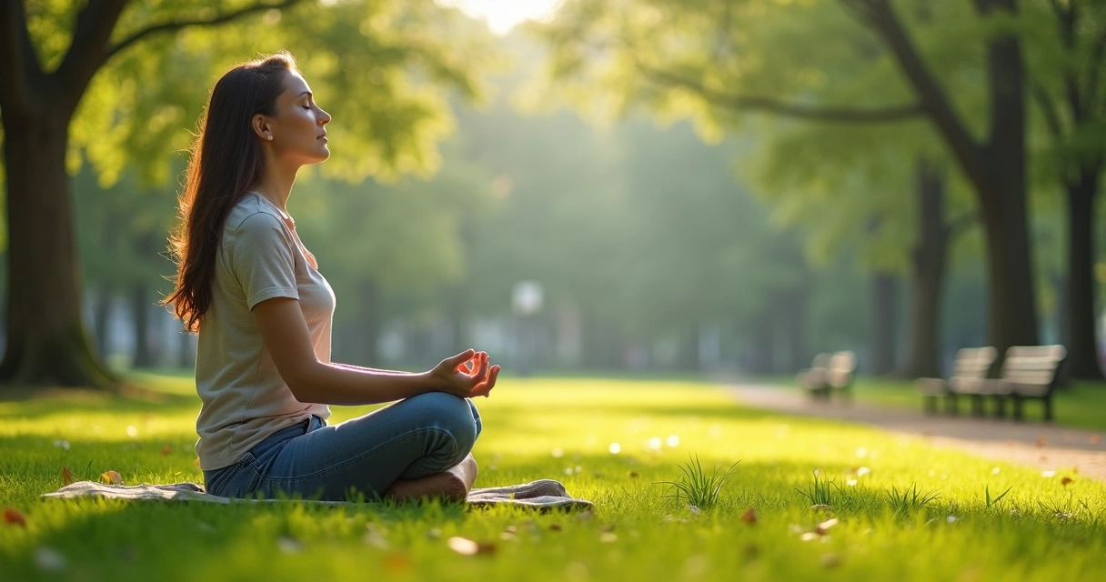 Mulher sentada meditando em um parque tranquilo 