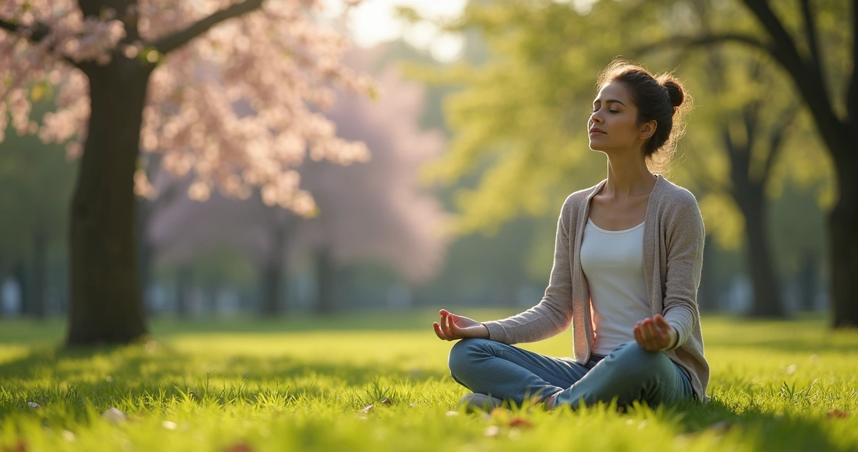 Mulher sentada em posição de meditação no parque na primavera 