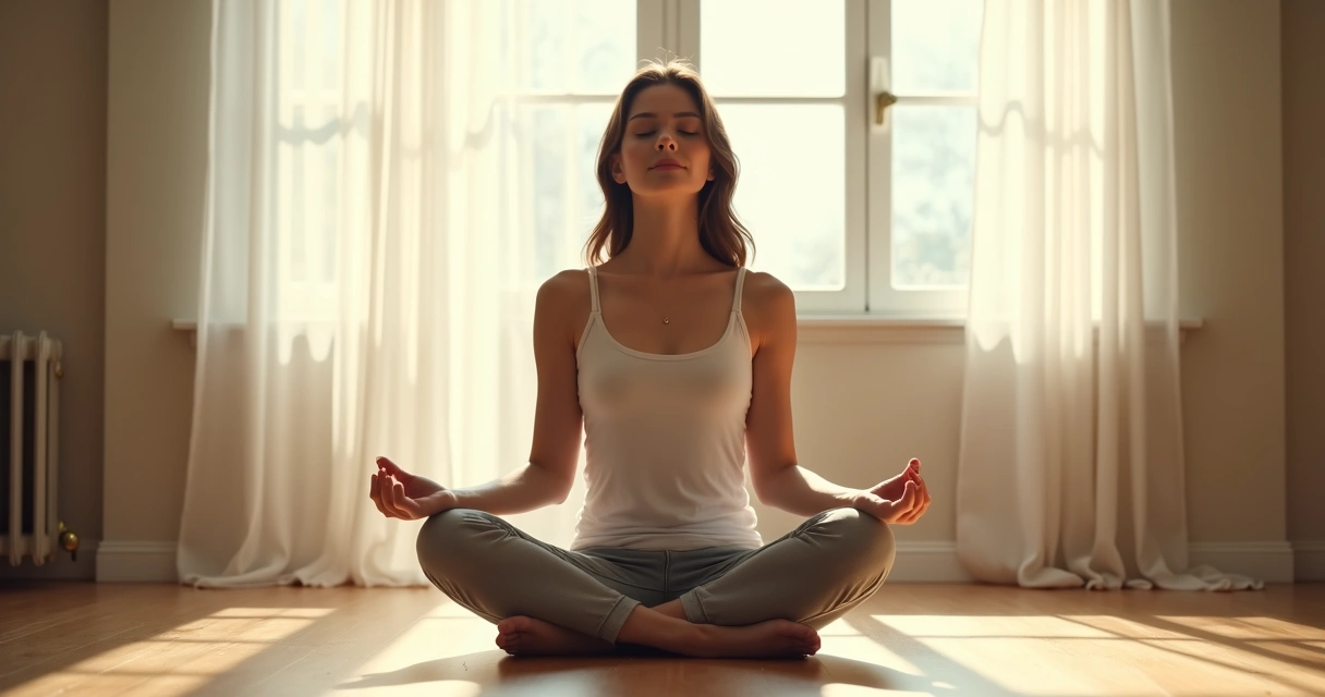 Mulher sentada de olhos fechados em postura de meditação 