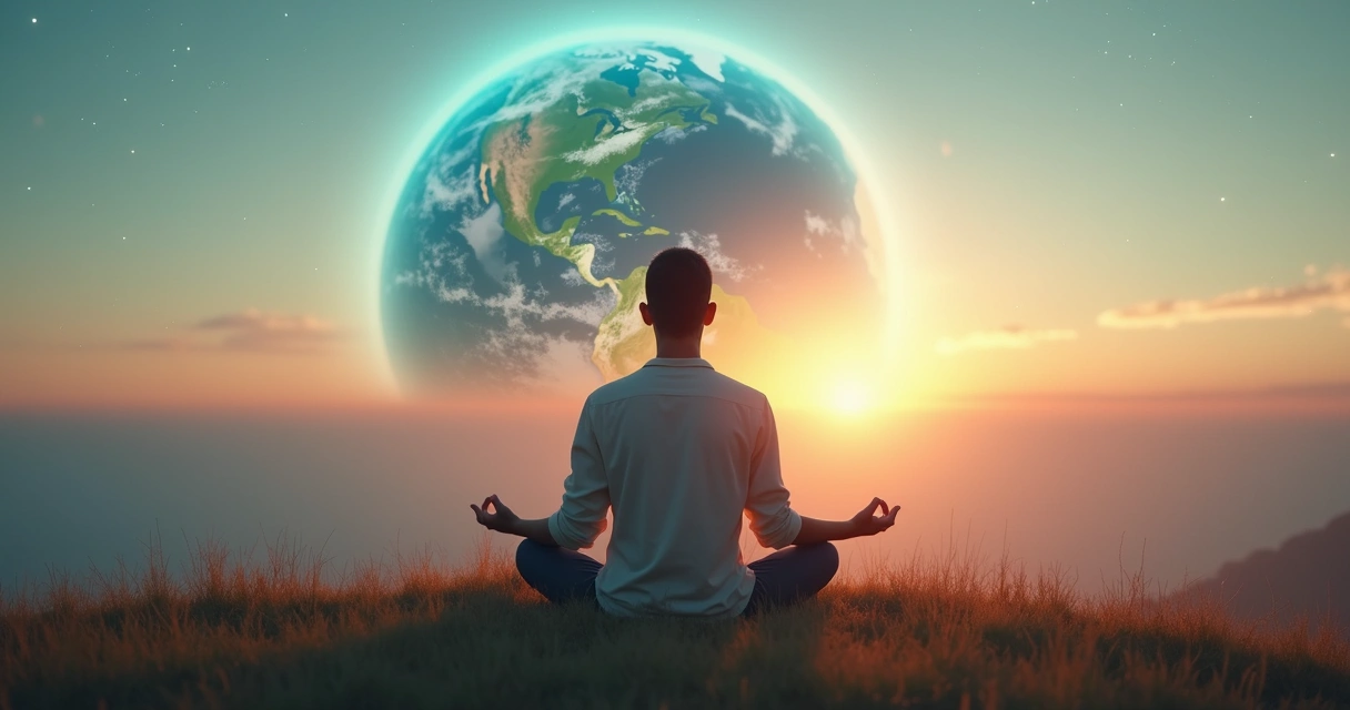 Pessoa meditando de olhos fechados com o planeta Terra ao fundo 
