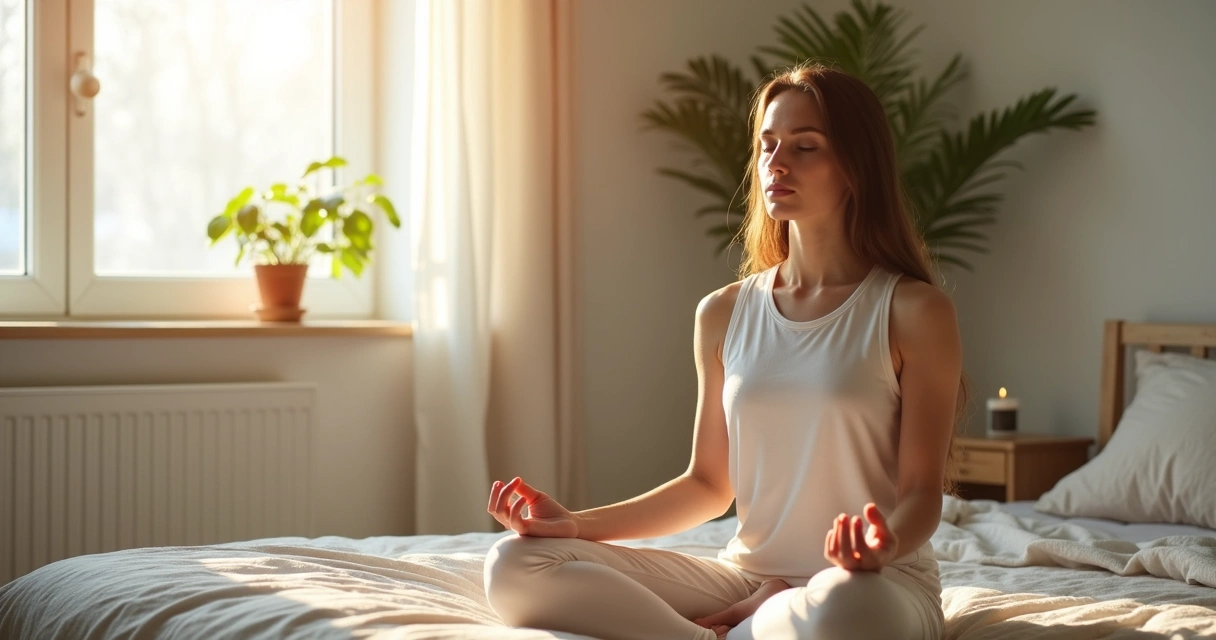 Mulher sentada em posição de meditação em quarto iluminado por luz suave