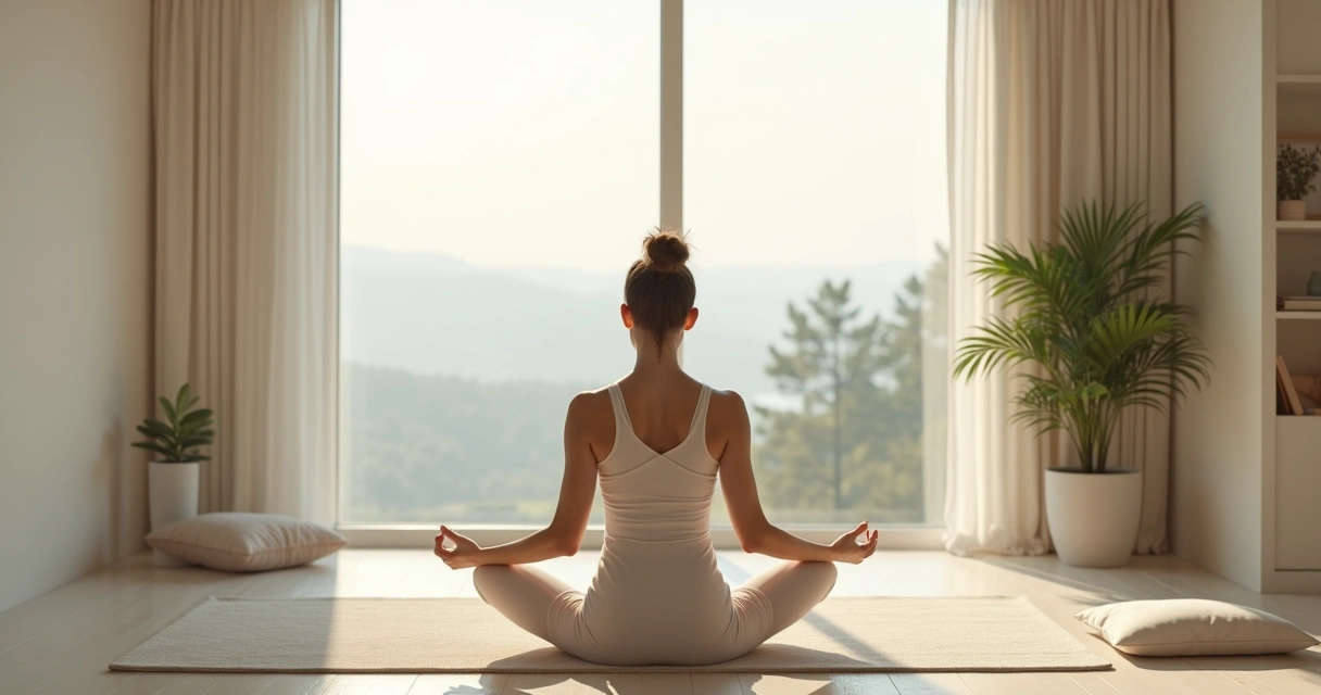 Mulher sentada no chão em posição de meditação em um quarto minimalista 
