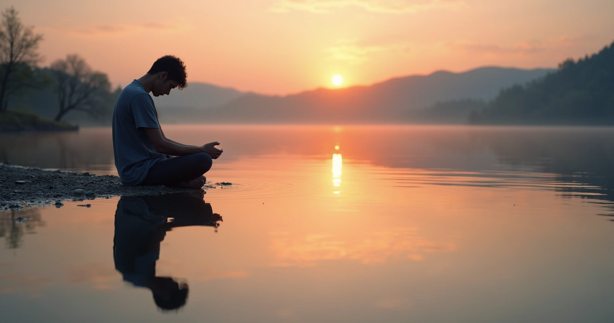 Pessoa refletida sobre a água, mostrando introspecção e equilíbrio entre autoatenção e o ambiente 