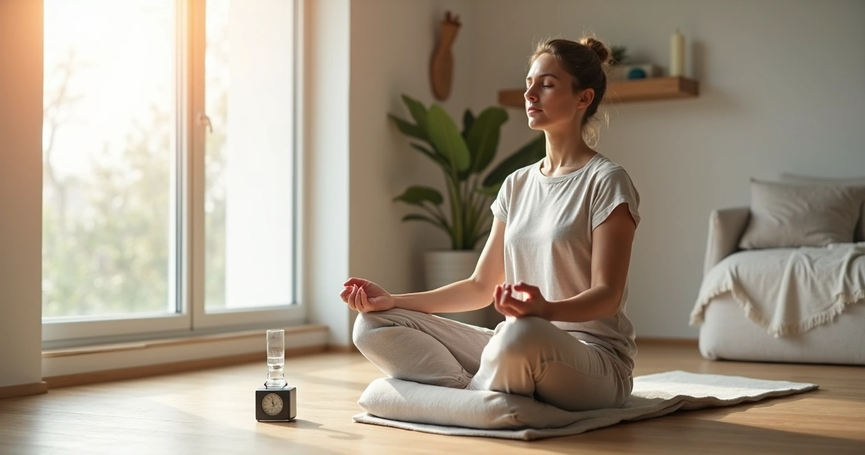 Pessoa sentada meditando em casa praticando respiração consciente 