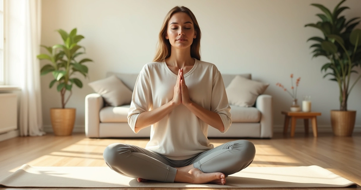 Mulher sentada em posição de meditação praticando respiração consciente em sala iluminada pela manhã 