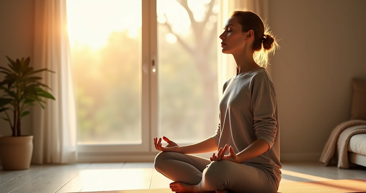 Mulher sentada meditando com foco na respiração consciente ao nascer do sol 