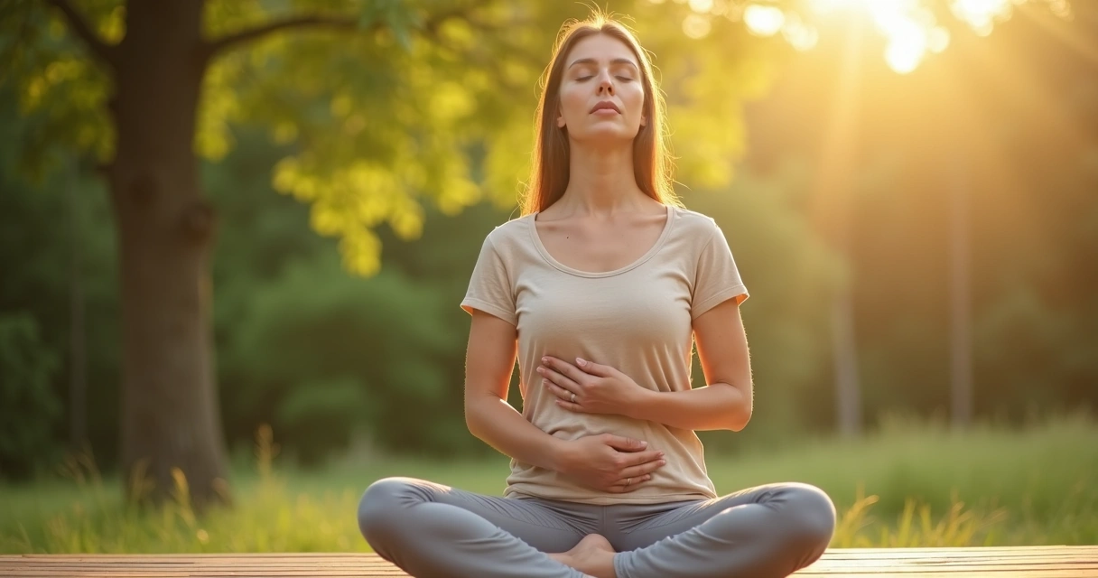 Mulher sentada meditando ao ar livre com foco na respiração consciente 