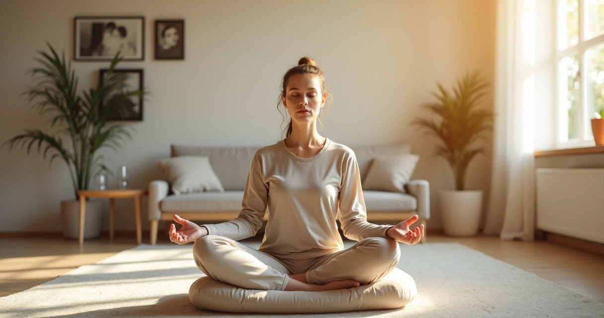 Mulher sentada meditando com lembranças desfocadas ao fundo 